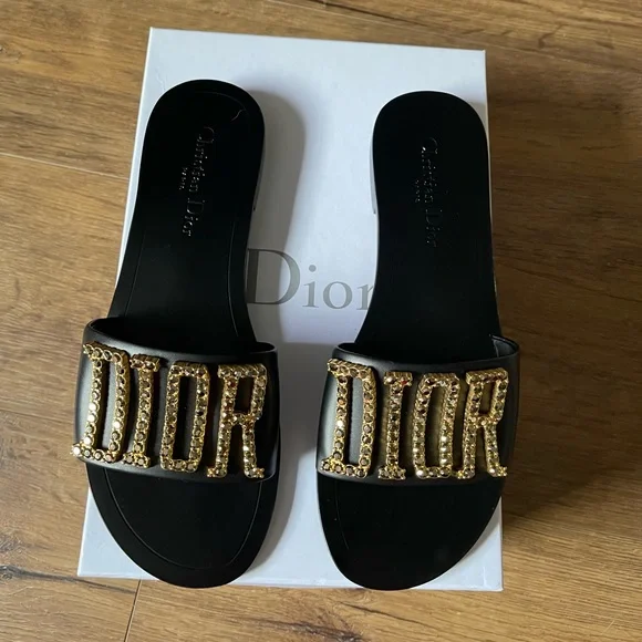Dior | Shoes | Diorauthentic Nwtbox Black Leather Rhinestone Slide